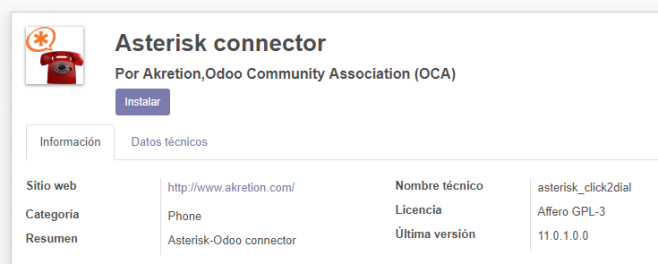 Instalación módulo Asterisk Connector en Odoo 11